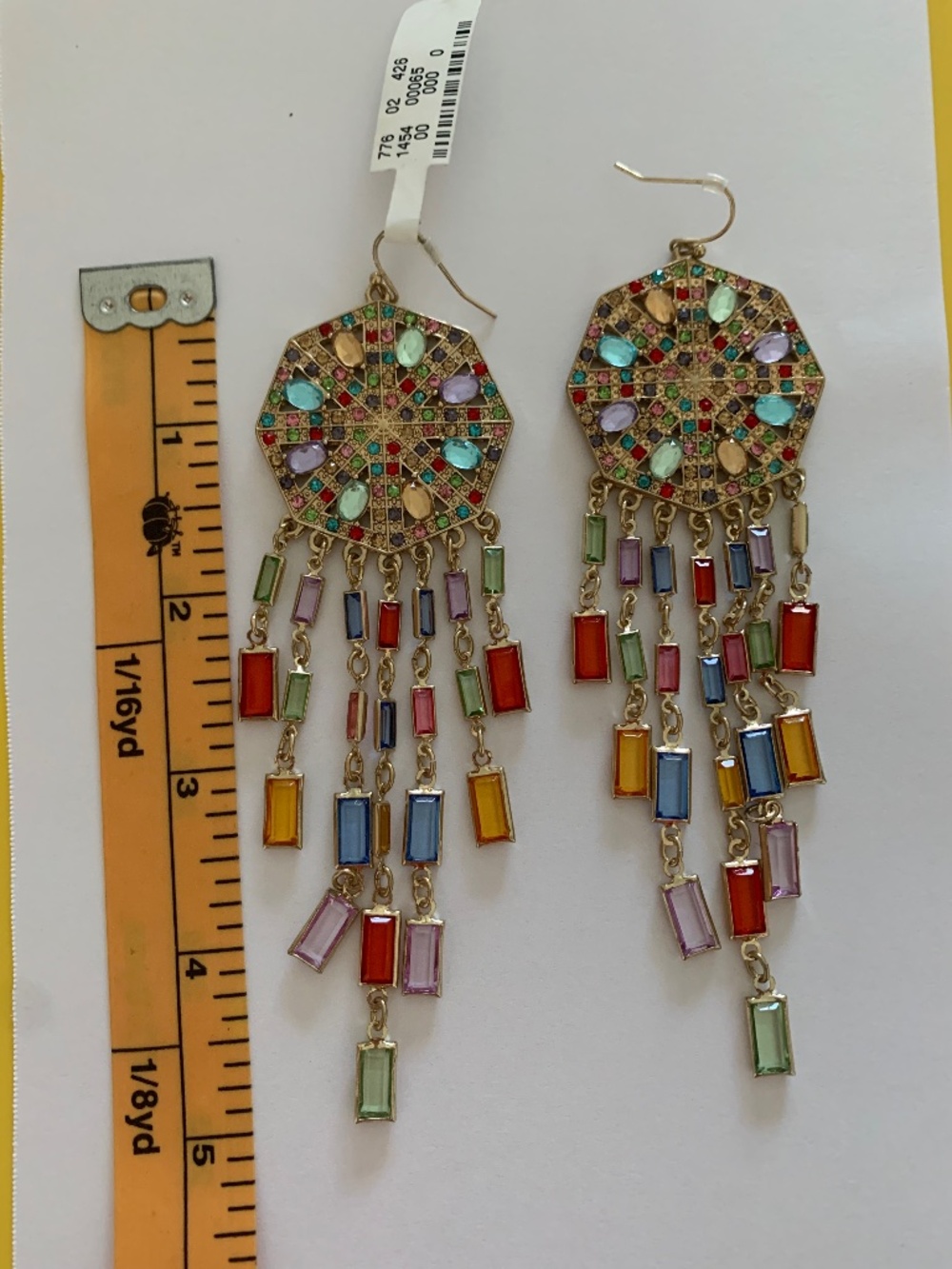 Multicolor Crystal Mosaic Chandelier Earrings - Gold Tone Fringe Drop NWT